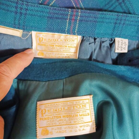 Vtg Pendleton Wool 2pc Suit Set Blue Blazer Plaid Skirt Academia Cottagecore USA - Picture 10 of 13